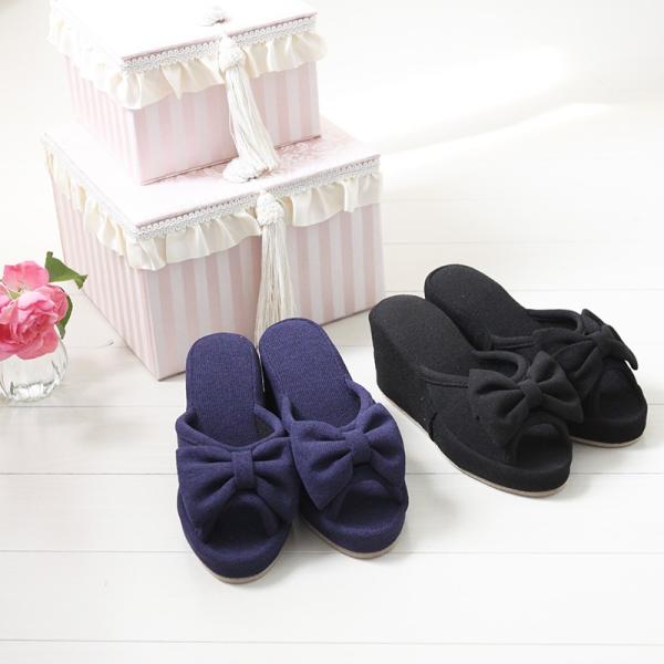 8cm ハイヒール リボン スリッパ 裏底静音仕様 学校行事用 ブラック ネイビー  スリッパトレー...