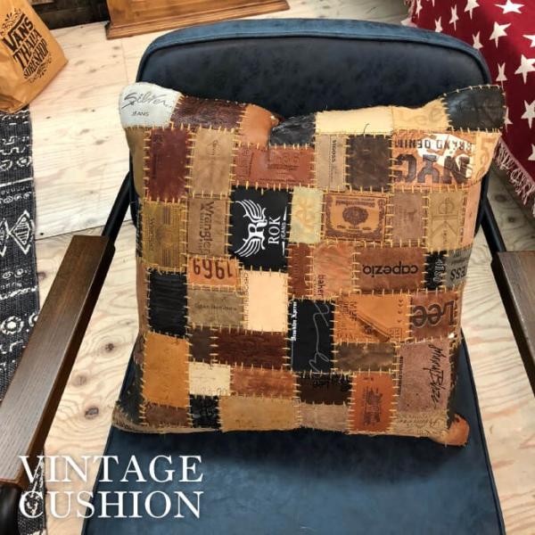 クッション パッチワーク ハンドメイド レザー おしゃれ かっこいい デニム 本革 正方形 ファブリ...