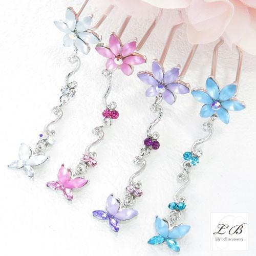 かんざし(js1)パステル花&amp;蝶々 ラインストーンバタフライフラワー簪 夜会巻き ヘアアクセサリー