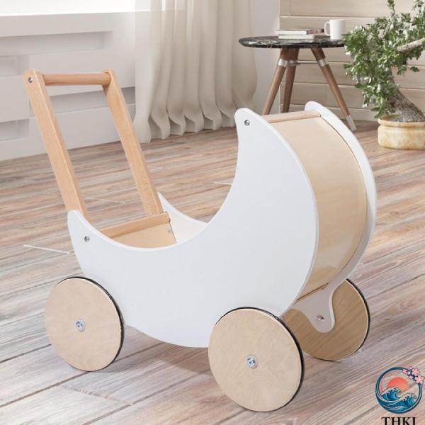 乳母車 手押し車 人形遊び ベビーカー 歩行補助車 木製 知育玩具 ままごと 木のおもちゃ 月形 お...