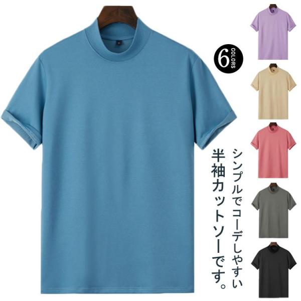 ゴルフウェア ハイネック Tシャツ メンズ 半袖 無地 トップス カットソー スポーツ ティーシャツ...