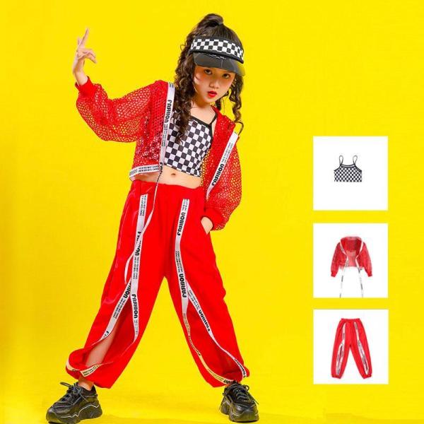キッズ ダンス衣装 セットアップ ヒップホップ HIPHOP 3点セット 子供服 長袖 チェック柄 ...