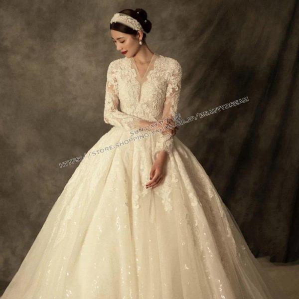 新品ウェディングドレス ウエディングドレス白 パーティー 可愛いレース花嫁ロングドレス 結婚式 トレ...