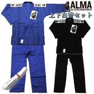 【A0〜A4号】ALMA アルマ 柔術 柔術着 青 黒 海外製柔術着 上下セット 白帯付き 上下白帯セット 柔術衣 ブルー ブラック JU2-F