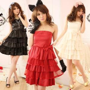 パーティードレス 結婚式 ワンピース Aライン ベアトップ フォーマル[M L XL]キャバ フリル 編み上げ リボン 大きいサイズ 2次会 同窓会 謝恩会 10代 yj12205