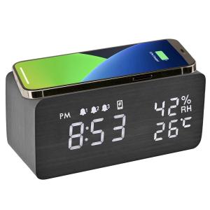 Electime 目覚まし時計 置き時計 おしゃれ スマホ充電 デジタル 多機能 木目 充電led時計 アナログ Qiワイヤレス 温度/湿度/アラーム