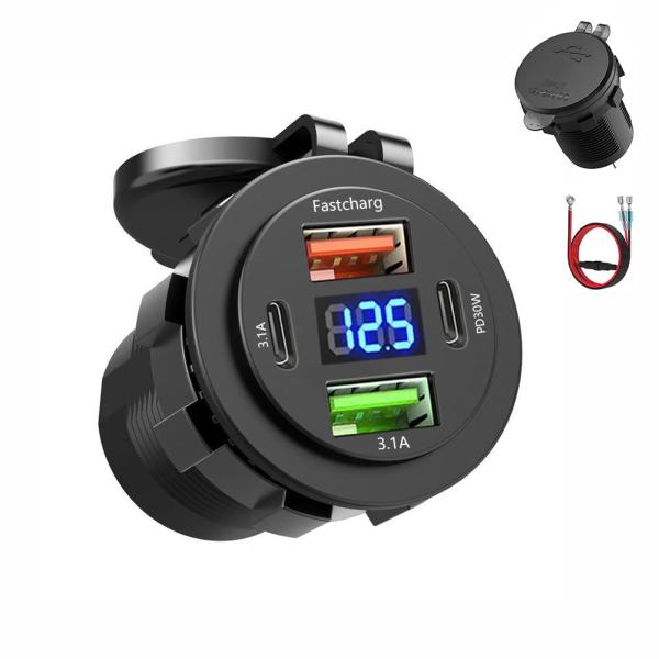 車載充電器 カーチャージャー 4口 埋め込み式 改造用チャージャー PD30W QC3.0 LEDデ...