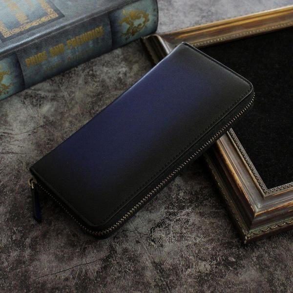 財布 長財布 メンズ レディース ラウンド レザー 本革 ネイビー 陰影 加工 本革 おしゃれ かっ...