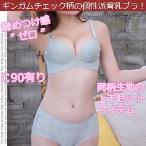 【送料無料】ノンワイヤ−ギンガムチェックの一体成型パットブラジャー＆ショーツ　育乳ナイト　バストアップ　胸の谷間　補正女性下着　脇肉インナーカップイン