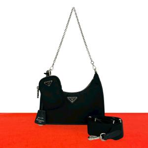 極 美品 PRADA プラダ リエディション 三角ロゴ 金具 ナイロン レザー チェーン 2way ショルダーバッグ サコッシュ ブラック b79-7