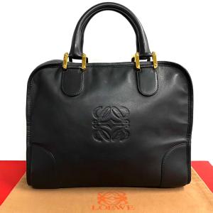 ほぼ未使用 LOEWE ロエベ ヴィンテージ アマソナ アナグラム ロゴ レザー 本革 ハンドバッグ ミニ ボストンバッグ ブラック 黒 22--8