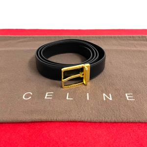 未使用保管品 希少品 CELINE セリーヌ ロゴ 金具 カーフ レザー 本革 ベルト メンズ アクセサリー 小物 ブラック ゴールド 00599