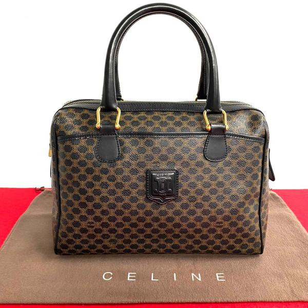 ほぼ未使用 CELINE セリーヌ ヴィンテージ マカダム ブラゾン ロゴ レザー 本革 ハンドバッ...