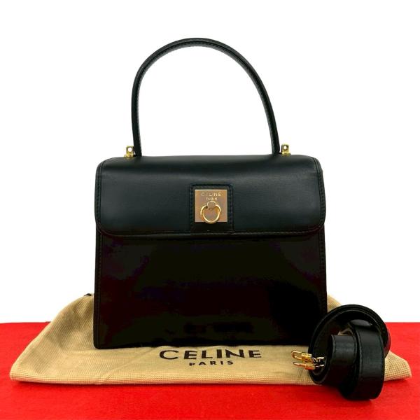 極 美品 袋付き CELINE セリーヌ ヴィンテージ ロゴ リング 金具 レザー 本革 2way ...