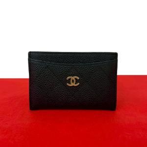 極 美品 希少品 シール有 16番台 CHANEL シャネル ココマーク 金具 キャビアスキン レザー カードケース パスケース ブラック 黒 49490