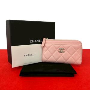 極美品 箱付 シール有 CHANEL シャネル フラグメントケース マトラッセ ココマーク キャビアスキン コインケース パスケース ピンク 35375