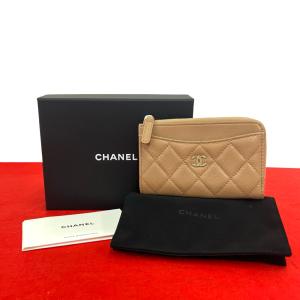 未使用保管品 箱 袋付 シール有 CHANEL シャネル フラグメントケース マトラッセ ココマーク キャビアスキン コインケース ベージュ 55194