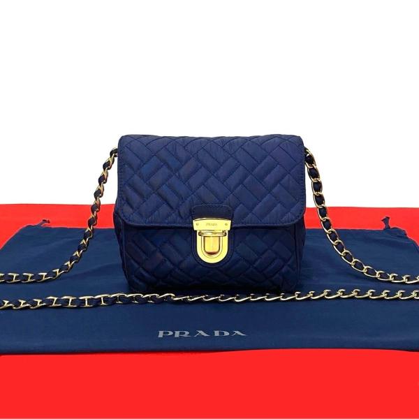 極 美品 希少品 PRADA プラダ ロゴ 金具 ナイロン キルティング チェーン ミニ ショルダー...
