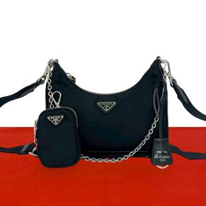 極 美品 PRADA プラダ 三角 ロゴ プレート 金具 ナイロン レザー 2way ショルダーバッグ サコッシュ ポシェット ブラック 黒 75022