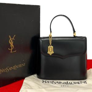 極 美品 箱 袋付 YVES SAINT LAURENT イヴ・サンローラン ヴィンテージ YSL ロゴ レザー ハンドバッグ ミニ トートバッグ ブラック 21787
