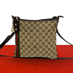 極 美品 GUCCI グッチ シェリーライン GG 柄 ロゴ キャンバス レザー 本革 ショルダーバッグ ポシェット サコッシュ ブラウン 54353