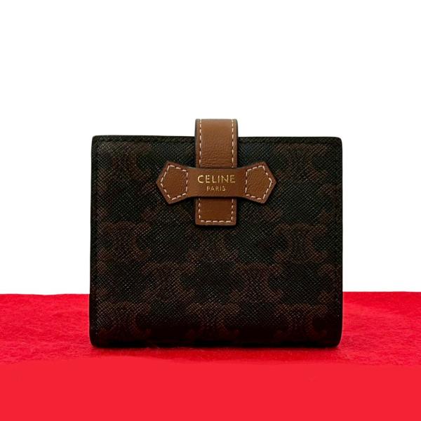 未使用保管品 CELINE セリーヌ トリオンフ スモール ストラップ ウォレット レザー 本革 二...