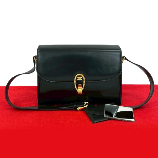 極 美品 CELINE セリーヌ ヴィンテージ トリオンフ ロゴ 金具 カーフ レザー 本革 セミ ...