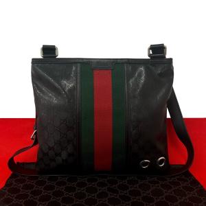 極 美品 保存袋付 GUCCI グッチ ウェビング GGインプリメ ロゴ 柄 レザー 本革 ショルダーバッグ サコッシュ ブラック 黒 20505