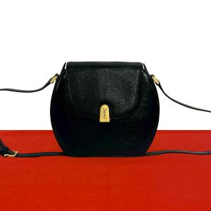極 美品 YVES SAINT LAURENT イヴ・サンローラン YSL ロゴ 金具 リザード レザー 本革 ショルダーバッグ ポシェット ブラック 34293