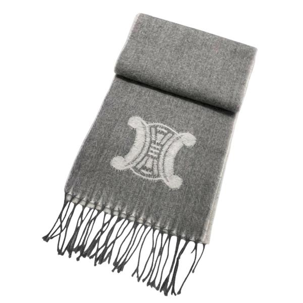 【中古】 CELINE セリーヌ マカダム ロゴ カシミア マフラー グレー GRY トリオンフ ウ...