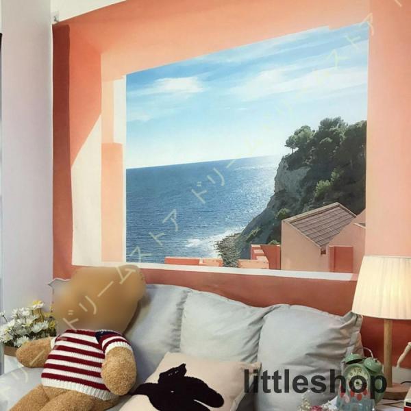 窓外景色 ビーチ風景タペストリー 青い空と海 インテリア 多機能壁掛け おしゃれ モダンなアート 模...