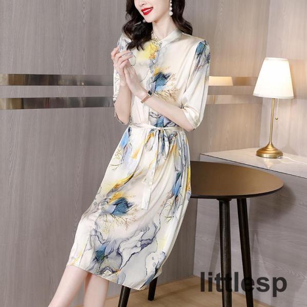 ワンピース レディース 春 夏 膝丈ワンピース 5分袖丈 40代 50代 30代 aライン 総柄 上...