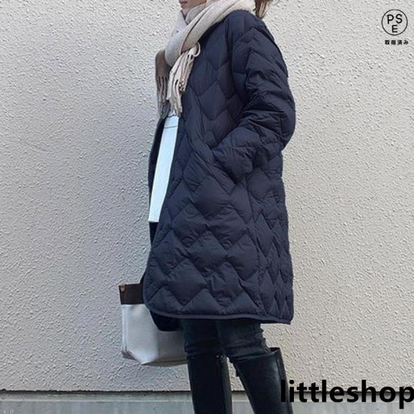 暖かい ノーカラーコート キルティングコート ロングコート キルティングノーカラーコート キルティン...