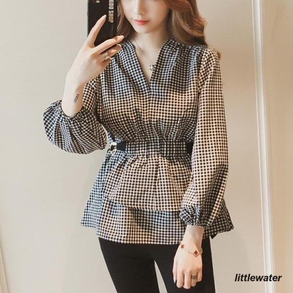 ブラウス 長袖 Vネック ペプラム ウエストマーク バルーンスリーブ シャツ トップス レディース ...