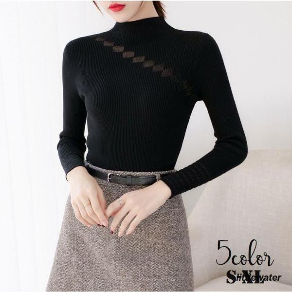 ニット 長袖ニット レディース セーター シースルー ボトルネック ハイネック ライン ダイヤ リブ...
