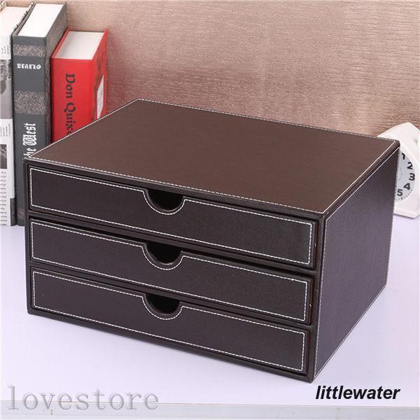 オフィス収納 PUレザー 3層収納箱 デスク上置き棚 引き出し式 書類ケース 大容量 ファイル入れ ...