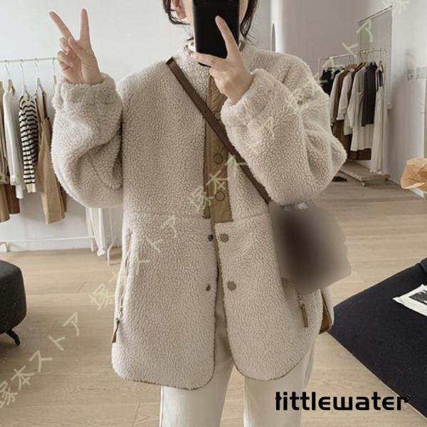 ボアジャケット ボアブルゾン レディース ボアコート ノーカラー ゆったり ムートンコート 防寒 暖...