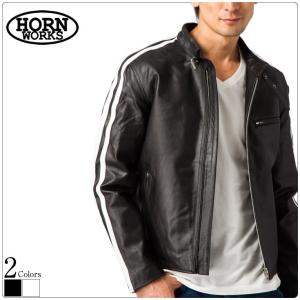 2ラインシングルライダース メンズ 本革 Horn Works 4734  シングルライダース ライダースジャケット レザージャケット 革ジャン 皮ジャン ダブルライダース 黒