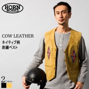 Horn Works 本革 ネイティブ柄ベスト メンズ ホーンワークス 3981  レザーベスト 本革ベスト 皮ベスト ジレ チョッキ ライダースジャケット レザージャケット 黒｜liugoo