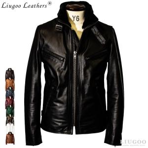 Liugoo Leathers 本革 襟ボアハイネックシングルライダースジャケット メンズ リューグーレザーズ WNG01A｜liugoo