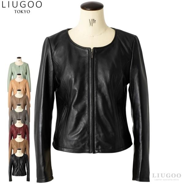 【50%OFFクーポン】LIUGOO 本革 ノーカラーシングルジャケット レディース リューグー S...