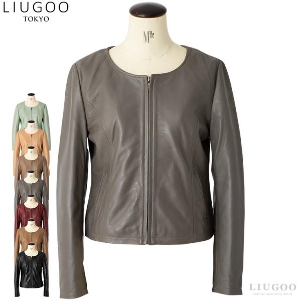 【50%OFFクーポン】LIUGOO 本革 ノーカラーシングルジャケット レディース リューグー S...