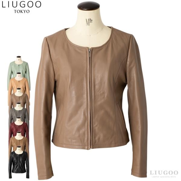 【50%OFFクーポン】LIUGOO 本革 ノーカラーシングルジャケット レディース リューグー S...