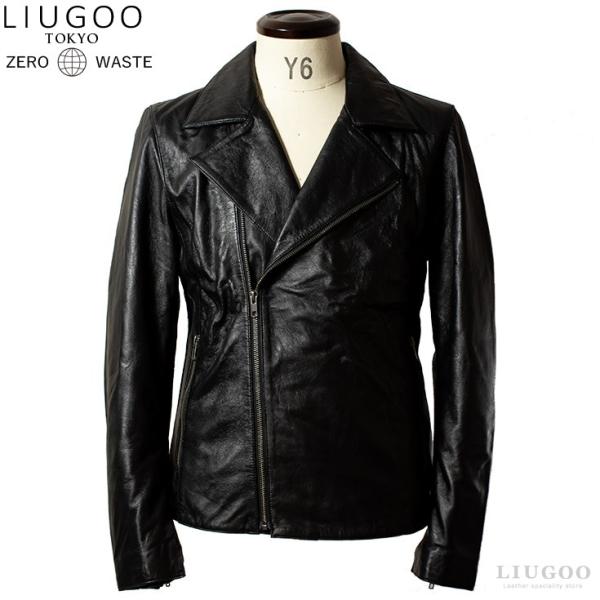 LIUGOO ZERO WASTE 本革 ダブルライダースジャケット メンズ リューグーゼロウェイス...