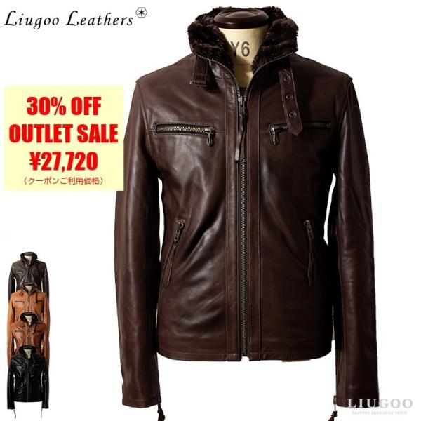 【50%OFFクーポン】Liugoo Leathers 本革 ウィングネックシングルライダースジャケ...