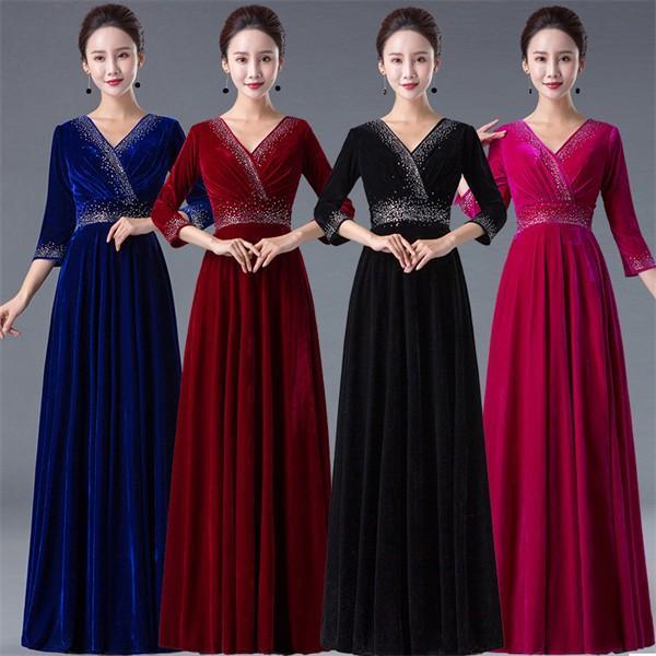 イブニングドレス ロング丈 七分袖 ベルベット 演奏会 発表会 Aライン 秋冬 ドレス パーティード...