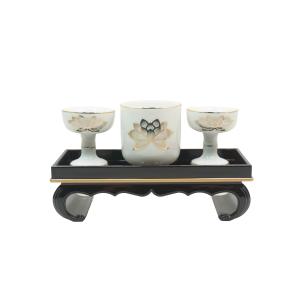 仏具 高茶台セット 九谷焼茶碗付 黒 青粒鉄仙 4.5寸 : 仏壇・仏具の