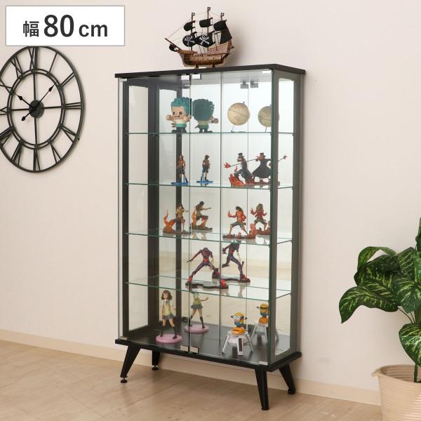 ディスプレイラック 幅80cm 5段 背面ミラー 脚付 強化ガラス （ コレクションキャビネット ガ...