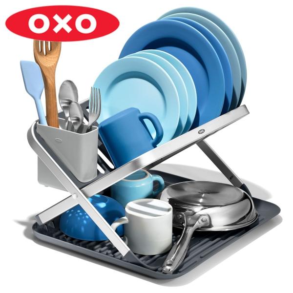 OXO 水切りラック フラットディッシュラック トレー付き ツールホルダー付き 折りたたみ （ オク...