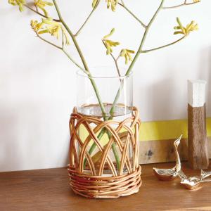 【新品☆送料込】大型ガラスと籐の手編み込み花瓶（） Creer 花瓶 アラログ ガラスフラワーベースA （ かご カゴ ラタン